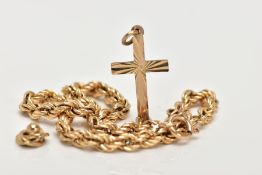 A 9CT GOLD ROPE TWIST BRACELET, A 9CT GOLD CROSS PENDANT, AND A YELLOW METAL HEAD OF AN EARRING, the