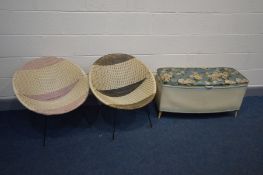 A PAIR OF SPUTNIC SATELITE CHAIRS, in two colours, along with a wicker ottoman (3)