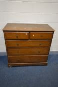 AN EARLY 20TH CENTURY OAK CHEST OF TWO SHORT AND THREE LONG GRADUATED DRAWERS, with Gothic drop