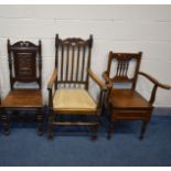 A REPRODUCTION OAK OPEN ARM CHAIR with scrolls to top rail (a little rickety), an Edwardian mahogany