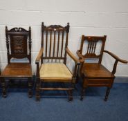 A REPRODUCTION OAK OPEN ARM CHAIR with scrolls to top rail (a little rickety), an Edwardian mahogany