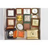 A BOX OF ASSORTED TRAVEL CLOCKS AND A CARRIAGE CLOCK, to include nine travel clocks in various
