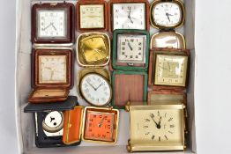 A BOX OF ASSORTED TRAVEL CLOCKS AND A CARRIAGE CLOCK, to include nine travel clocks in various