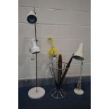 A HERBERT TERRY & SONS ANGLE POISE DESK LAMP IN WHITE, a floor lamp and a chrome umbrella stand with