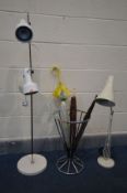 A HERBERT TERRY & SONS ANGLE POISE DESK LAMP IN WHITE, a floor lamp and a chrome umbrella stand with