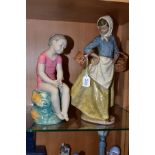 TWO NAO (LLADRO) GRES FIGURINES, comprising of a girl wearing head scarf carrying two baskets,