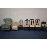 A QUANTITY OF VARIOUS CHAIRS, to include a pair of Edwardian splat back chairs, Bentwood style beech