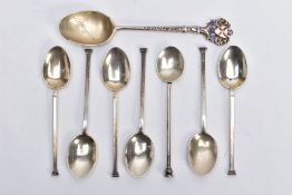 SEVEN SILVER COFFEE SPOONS AND AN ENAMELLED SILVER TEASPOON, to include six plain polished coffee