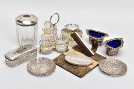 A SELECTION OF SILVER ITEMS, to include a three-piece cruet set comprising a cut glass salt with a