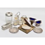 A SELECTION OF SILVER ITEMS, to include a three-piece cruet set comprising a cut glass salt with a