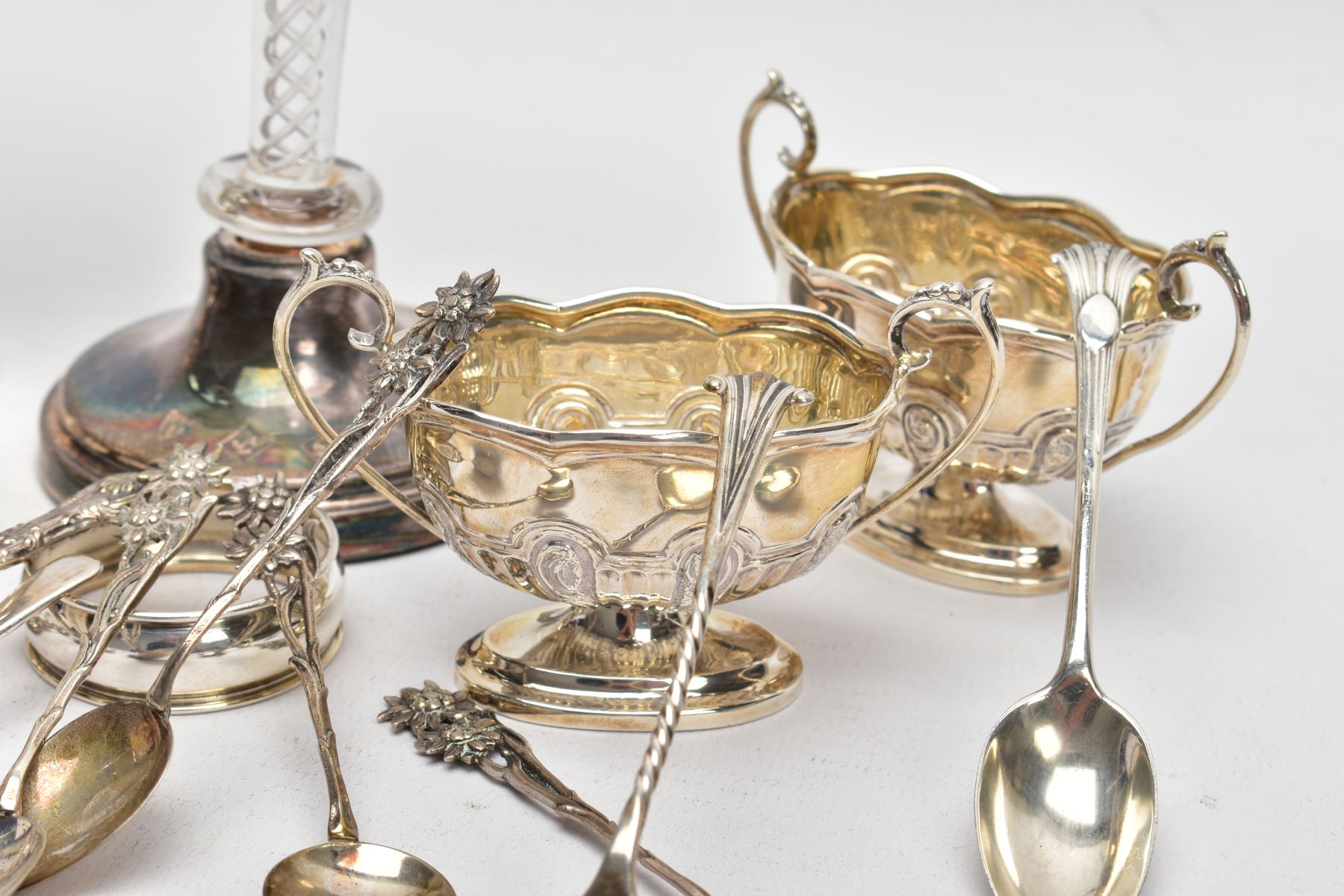 A SELECTION OF SILVERWARE, to include a silver bud vase, a further glass and silver bud vase, both - Image 8 of 8