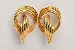 A PAIR OF 9CT GOLD HOOP EARRINGS, each designed with three intertwined gold wires, post and scroll