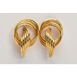 A PAIR OF 9CT GOLD HOOP EARRINGS, each designed with three intertwined gold wires, post and scroll