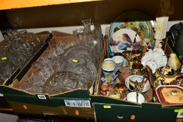 THREE BOXES OF CERAMICS AND GLASS etc, to include incomplete sets of cut glass drinking glasses,
