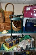 A QUANTITY OF WICKER BASKETS, FISHING CREELS, MODERN COLLECTORS DOLLS, RECORDS, DVDS, BOOKS, etc,