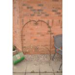 THREE DECORATIVE WROUGHT IRON GARDEN ITEMS with hooped tops finished at scrolled detail one 135cm