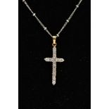 AN 18CT WHITE GOLD DIAMOND CROSS PENDANT NECKLACE, the pendant fourteen round brilliant cut