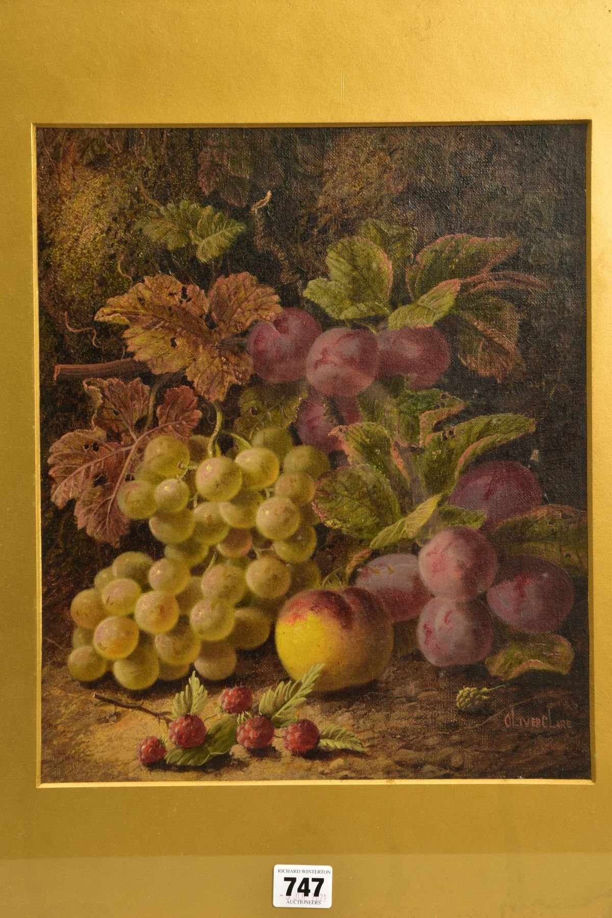 OLIVER CLARE (1852-1927) Plums, grapes and raspberries on a mossy bank, signed bottom right, oil - Image 2 of 11