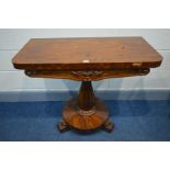 A VICTORIAN MAHOGANY TEA TABLE, canted front corners, fold over top, on a shaped octagonal
