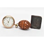 A GOLD-PLATED OPEN FACE POCKET WATCH, NUTMEG HOLDER AND A MINIATURE BIBLE, the AF open face pocket