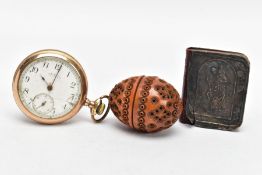 A GOLD-PLATED OPEN FACE POCKET WATCH, NUTMEG HOLDER AND A MINIATURE BIBLE, the AF open face pocket