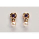 A PAIR OF 9CT GOLD AMETHYST AND CULTURED PEARL EARRINGS, each drop earring set with a circular cut