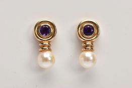 A PAIR OF 9CT GOLD AMETHYST AND CULTURED PEARL EARRINGS, each drop earring set with a circular cut