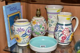 FIVE PIECES OF POOLE POTTERY AND A BOOK 'COLLECTING POOLE POTTERY' BY ROBERT PRESCOTT-WALKER, the