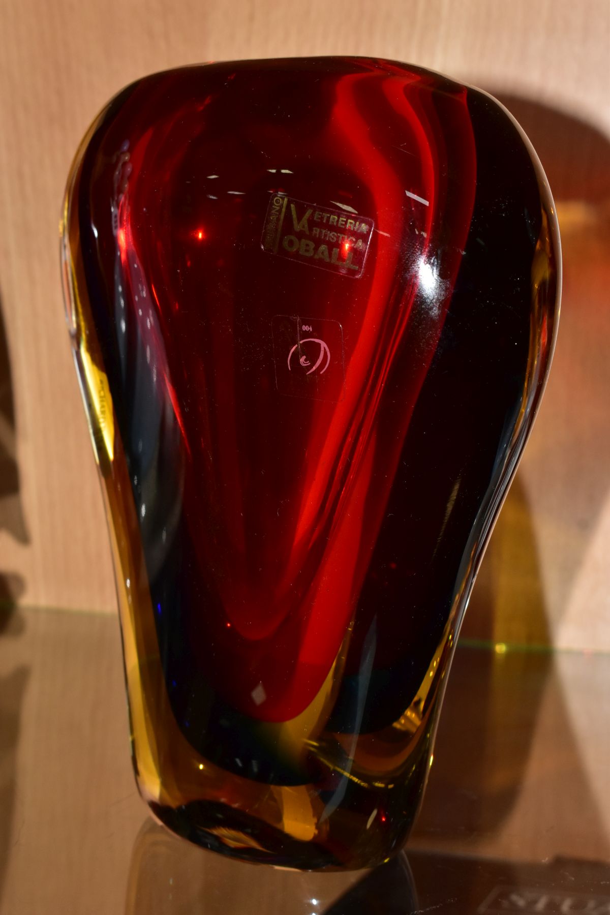 A MURANO OBALL TRI COLOUR CASED GLASS VASE, in red, blue and amber, bears betched signature to the - Image 2 of 6