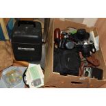A BOX OF CAMERAS AND A PART BOXED BELL & HOWELL MODEL 256EX 8MM MOVIE PROJECTOR, the cameras to