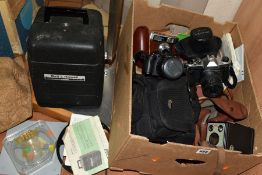 A BOX OF CAMERAS AND A PART BOXED BELL & HOWELL MODEL 256EX 8MM MOVIE PROJECTOR, the cameras to