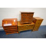 FOUR VARIOUS YEW WOOD FURNITURE, to include a bureau with four drawers, width 72cm x height 42cm x