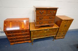 FOUR VARIOUS YEW WOOD FURNITURE, to include a bureau with four drawers, width 72cm x height 42cm x