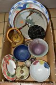 A BOX OF ASSORTED MODERN STONEWARE, AND STUDIO POTTERY, ETC, including a preserve pot and cover by