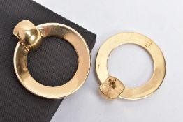 A MODERN PAIR OF LARGE EARRINGS, designed as a large circle, hinged from a plain half-moon shape