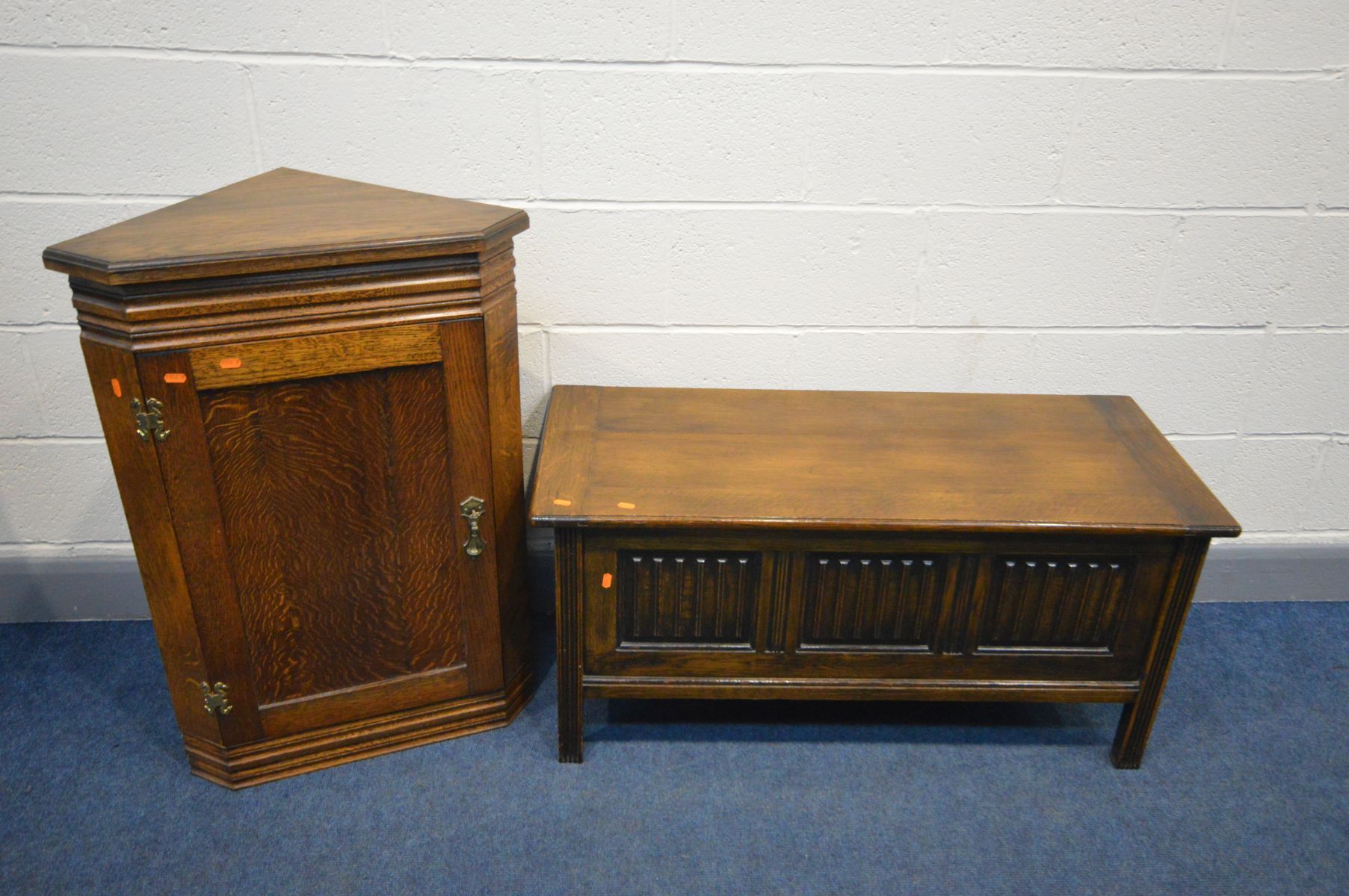 AN OAK TRIPLE PANEL BLANKET CHEST, width 107cm x depth 45cm x height 51cm along with an oak