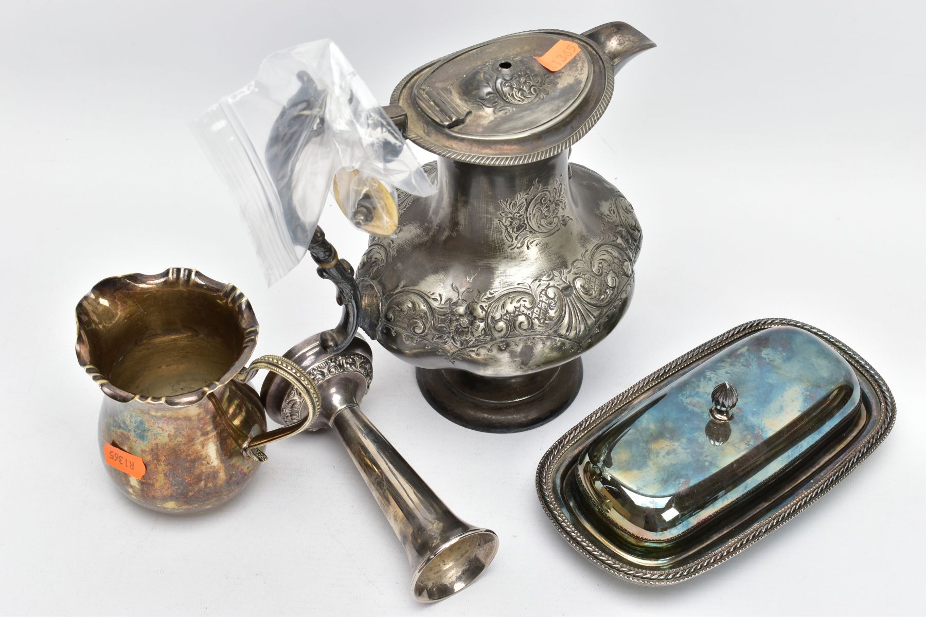 A SELECTION OF ITEMS, to include an AF, white metal floral and foliate embossed water jug, ( - Image 3 of 3