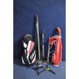 TWO GOLF BAGS WITH VINTAGE CLUBS, including Slazenger, various garden tools, two musical