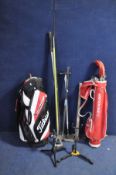 TWO GOLF BAGS WITH VINTAGE CLUBS, including Slazenger, various garden tools, two musical