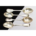 FOUR SILVER TABLESPOONS, to include three Victorian fiddle pattern tablespoons, worn gilt bowls, one
