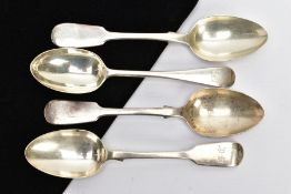 FOUR SILVER TABLESPOONS, to include three Victorian fiddle pattern tablespoons, worn gilt bowls, one