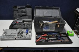 A PLASTIC TOOLBOX CONTAINING HANDTOOLS including Stanley and other screwdrivers, mole grips, long