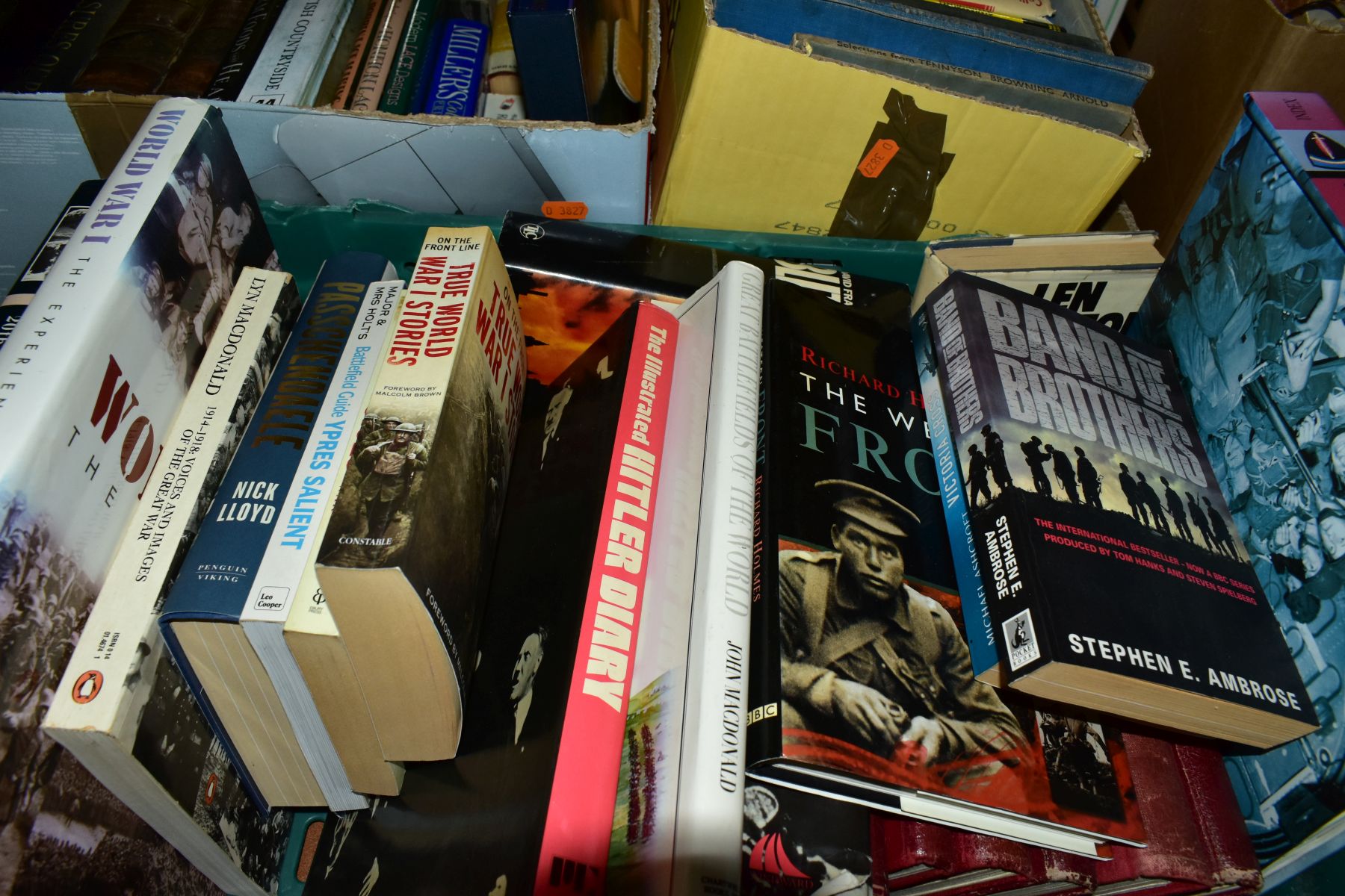 FIVE BOXES/CRATES OF BOOKS, mostly hardbacks, including motoring, WWI & WWII, Titanic, birds, - Image 5 of 8