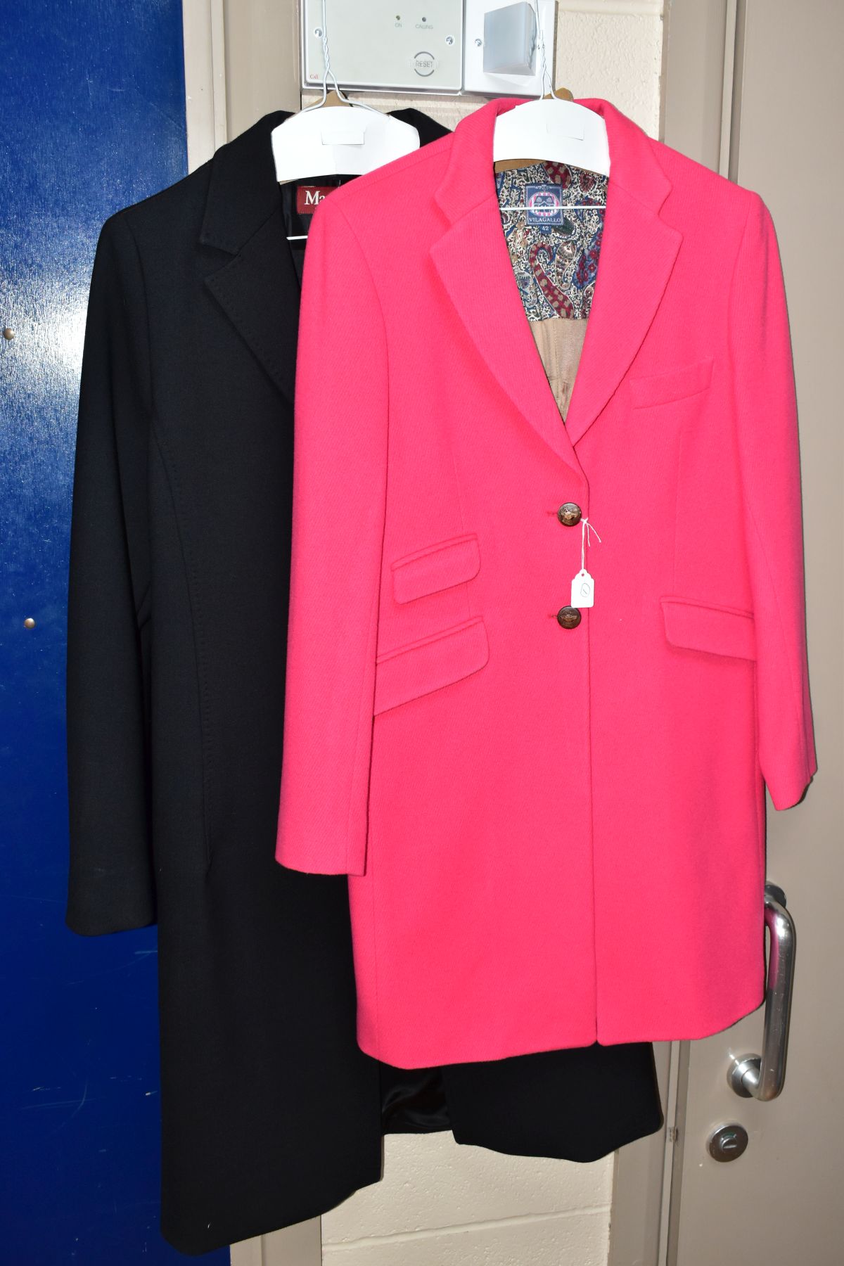 A LADIES MAX MARA BLACK VIRGIN WOOL MIX COAT WITH TIE BELT, GB size 14, together with a ladies