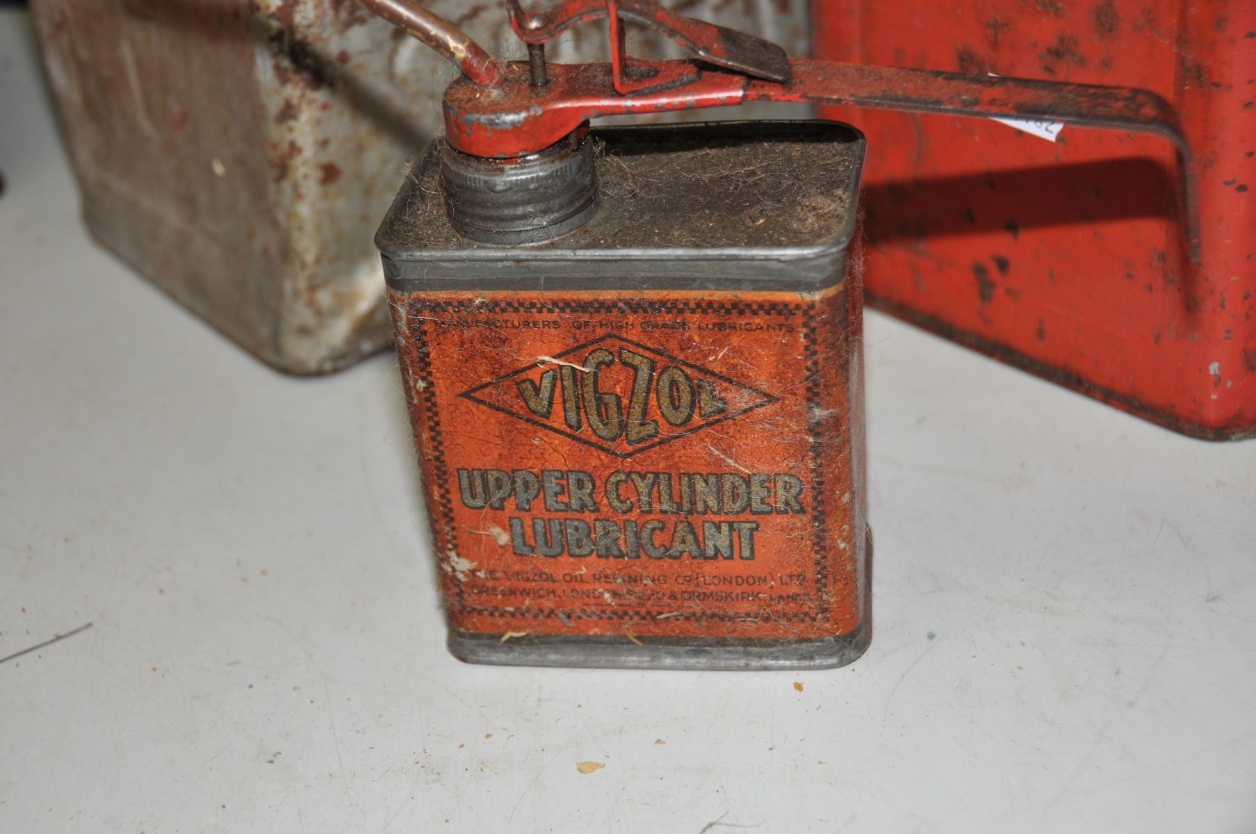 A TRAY CONTAINING THREE VINTAGE FUEL CANS, an oil can and two vintage cycle lights, including a - Image 3 of 4