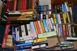SIX BOXES OF BOOKS, to include hardback and paperback, mostly fiction with some biography/