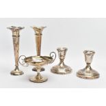 A SELECTION OF SILVER ITEMS, to include two tapered wavy rim posy vases with weighted bases, very