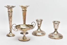 A SELECTION OF SILVER ITEMS, to include two tapered wavy rim posy vases with weighted bases, very