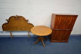 A PINE 4FT6 HEADBOARD, yew wood hifi cabinet and a beech circular kitchen table (3)