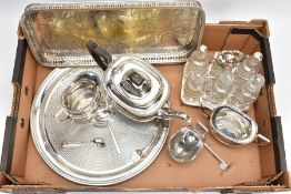 A BOX OF WHITE METAL WARE, to include a six-piece cut glass and white metal cruet set, a three-piece